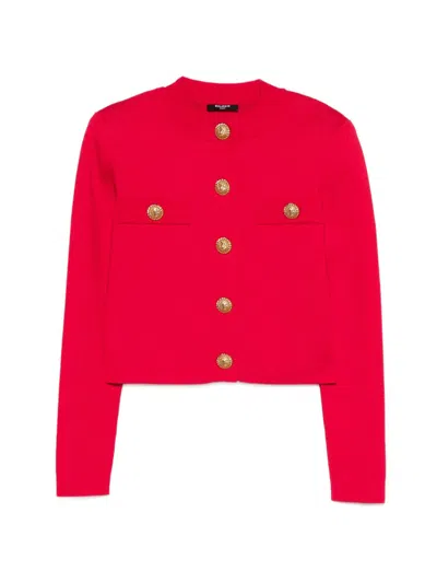 Balmain Buttoned Strong-shoulder Knit Crop Jacket In Red