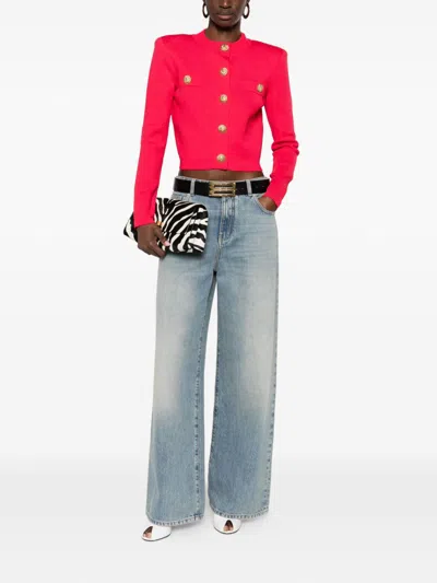 Balmain Buttoned Strong-shoulder Knit Crop Jacket In Red