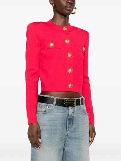 Balmain Buttoned Strong-shoulder Knit Crop Jacket In Red