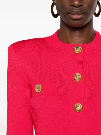 Balmain Buttoned Strong-shoulder Knit Crop Jacket In Red