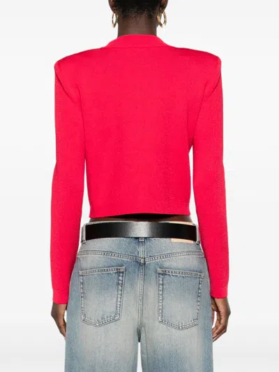 Balmain Buttoned Strong-shoulder Knit Crop Jacket In Red
