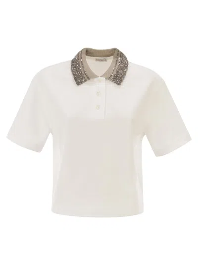 Brunello Cucinelli Women Cotton Jersey Polo Shirt With Dazzling Knit Collar In White