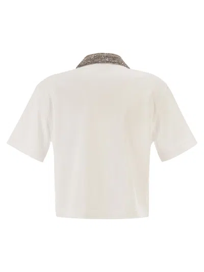 Brunello Cucinelli Women Cotton Jersey Polo Shirt With Dazzling Knit Collar In White