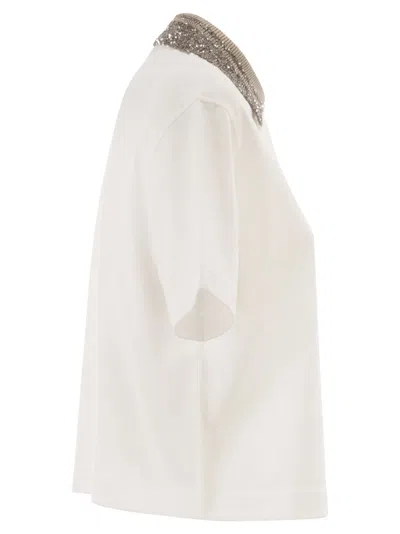 Brunello Cucinelli Women Cotton Jersey Polo Shirt With Dazzling Knit Collar In White