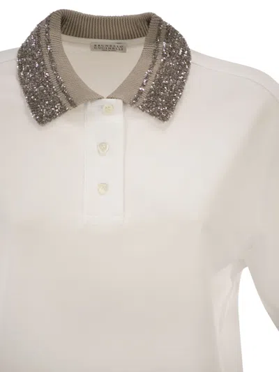Brunello Cucinelli Women Cotton Jersey Polo Shirt With Dazzling Knit Collar In White