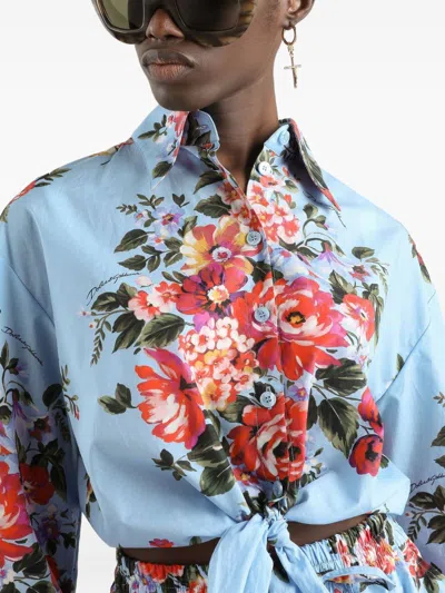 Dolce & Gabbana Floral Shirt Collared Neck Long Sleeves Tie Front In Blue