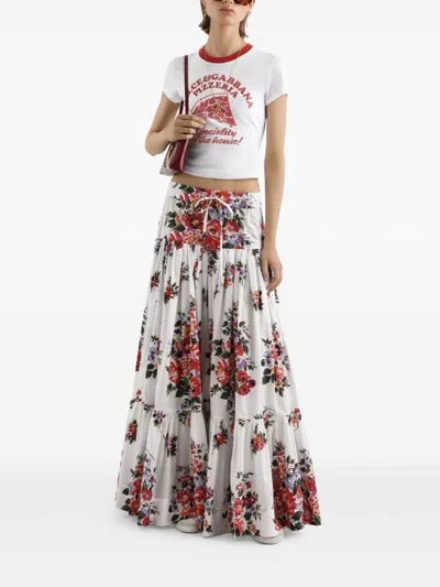Dolce & Gabbana White Long Skirt With Floral Print And Elasticated Waistband In Cotton Woman