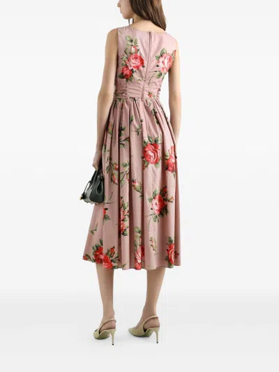 Dolce & Gabbana Abito Midi In Cotone Rosa Con Stampa Fiori Dolce E Gabbana In Pink