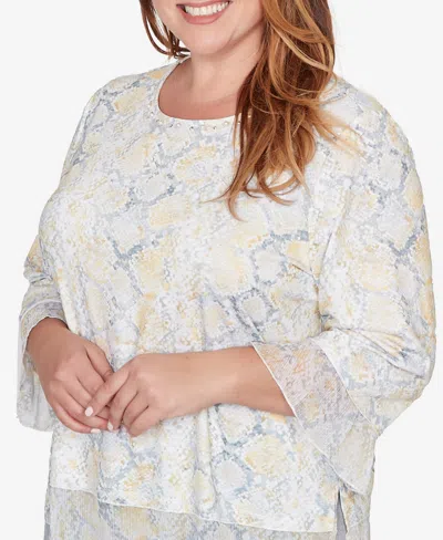 Alfred Dunner Plus Size Al Fresco Python Printed Knit Flutter Sleeve Top In White
