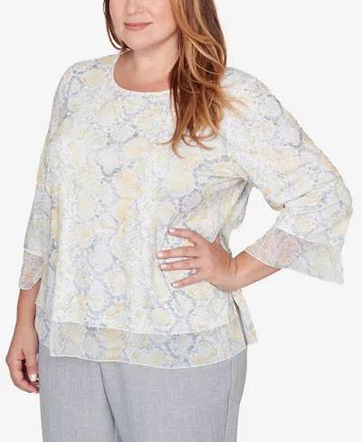 Alfred Dunner Plus Size Al Fresco Python Printed Knit Flutter Sleeve Top In White