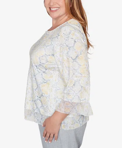 Alfred Dunner Plus Size Al Fresco Python Printed Knit Flutter Sleeve Top In White