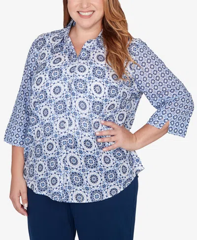 Alfred Dunner Plus Size Mykonos Geometric Button Front Closure Collared Top In Blue