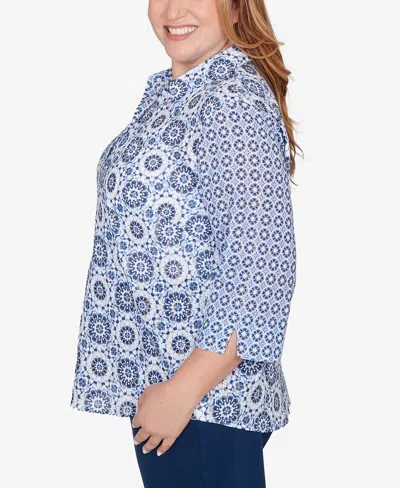 Alfred Dunner Plus Size Mykonos Geometric Button Front Closure Collared Top In Blue
