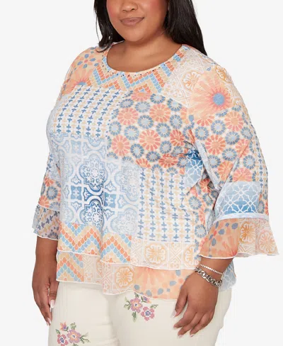 Alfred Dunner Plus Size Beachcomber Patchwork Medallion Ruffle Sleeve Top In Multi