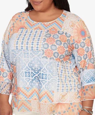 Alfred Dunner Plus Size Beachcomber Patchwork Medallion Ruffle Sleeve Top In Multi