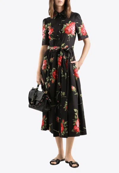 Dolce & Gabbana Belted Gathered Floral-print Cotton-poplin Midi Dress In Black