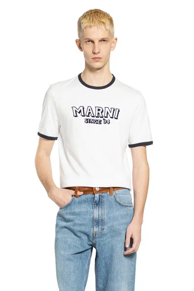 Marni Crew Neck T-shirt With Front Logo And Ribbed Accents In White