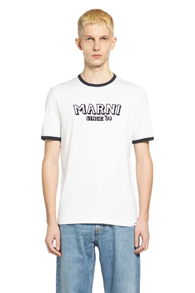 Marni Crew Neck T-shirt With Front Logo And Ribbed Accents In White