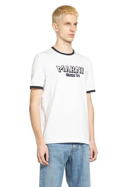 Marni Crew Neck T-shirt With Front Logo And Ribbed Accents In White