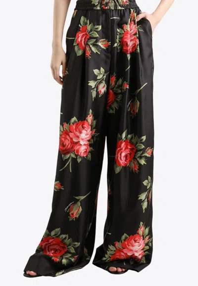 Dolce & Gabbana Women Wide-leg Pants With A Rose Bouquet Print In Black
