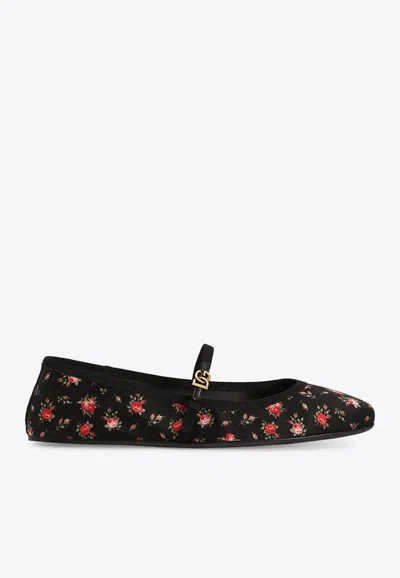 Dolce & Gabbana Vally Floral-print Ballet Flats In Black