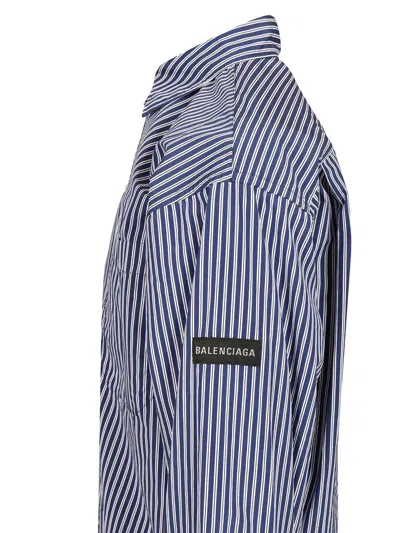 Balenciaga Poplin Shirt Striped Long Sleeves Pocket In Blue