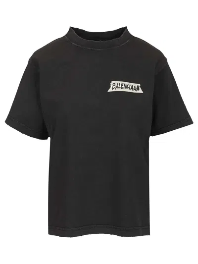 Balenciaga Medium Fit Masking Tape Logo Dry Jersey T-shirt In Black