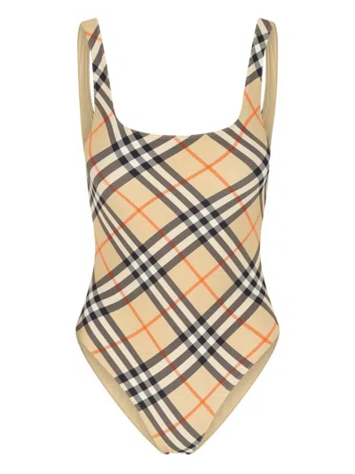 Burberry Women Nylon One-piece Swimsuit With Check Print In Neutral