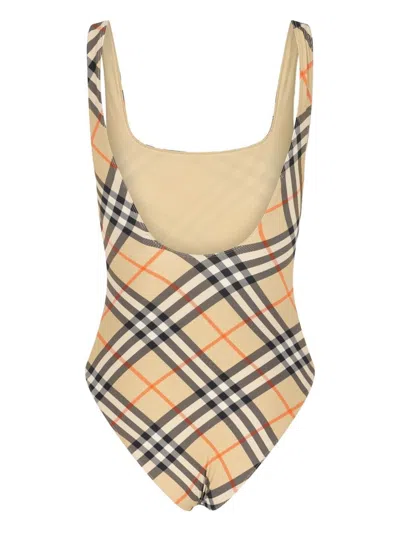 Burberry Women Nylon One-piece Swimsuit With Check Print In Neutral