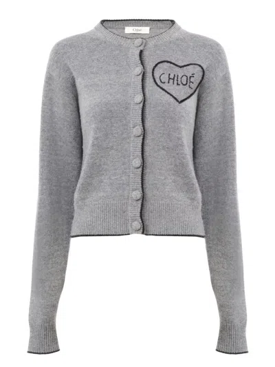 Chloé Fitted Cardigan With Logo In Wool And Cashmere Knit In Gray