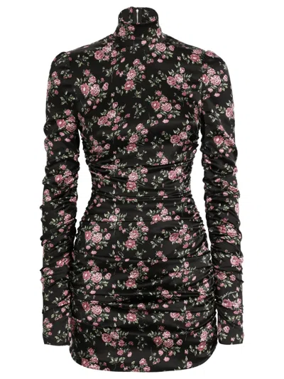 Dolce & Gabbana Black Dress With Floral Print And Side Draping In Silk Woman In Multi