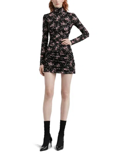 Dolce & Gabbana Black Dress With Floral Print And Side Draping In Silk Woman In Multi