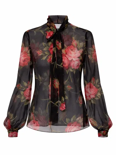 Dolce & Gabbana Rose Bouquet-print Silk Chiffon Neck-tie Blouse In Multi