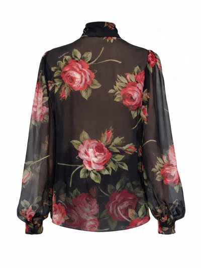 Dolce & Gabbana Rose Bouquet-print Silk Chiffon Neck-tie Blouse In Multi