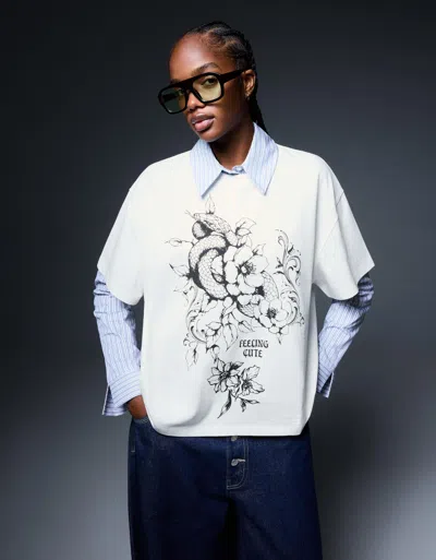 Bershka Printed Short Sleeve Oversize T-shirt In White