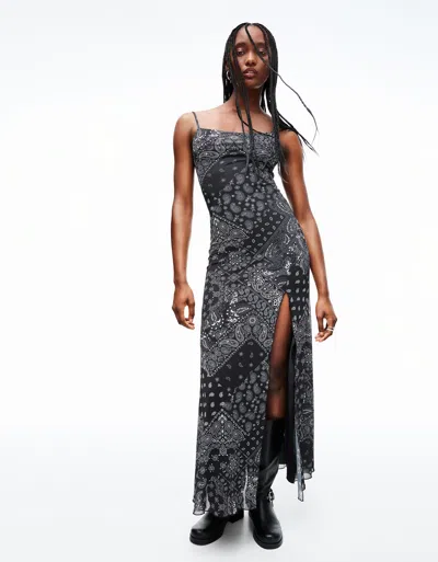 Bershka Tulle Midi Dress With Print In Blue