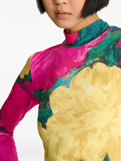Balmain High Neck Jersey Top Fitted Print In Multi