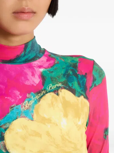 Balmain High Neck Jersey Top Fitted Print In Multi