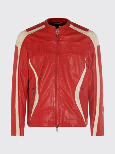 Diesel Colour-block Leather Biker Jacket In Red