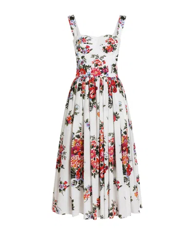Dolce & Gabbana White Cotton Midi Dress With Floral Print Dolce E Gabbana In Multi