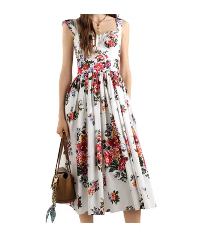 Dolce & Gabbana White Cotton Midi Dress With Floral Print Dolce E Gabbana In Multi