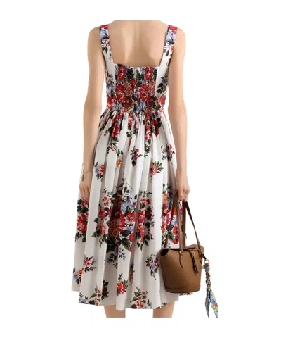 Dolce & Gabbana White Cotton Midi Dress With Floral Print Dolce E Gabbana In Multi