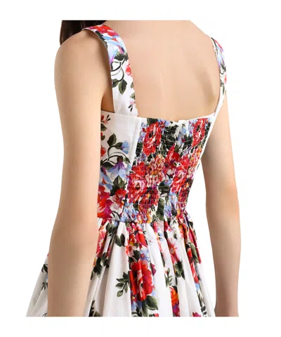 Dolce & Gabbana White Cotton Midi Dress With Floral Print Dolce E Gabbana In Multi