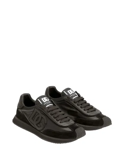 Dolce & Gabbana Round Toe Leather Sneakers With Suede Accents In Black