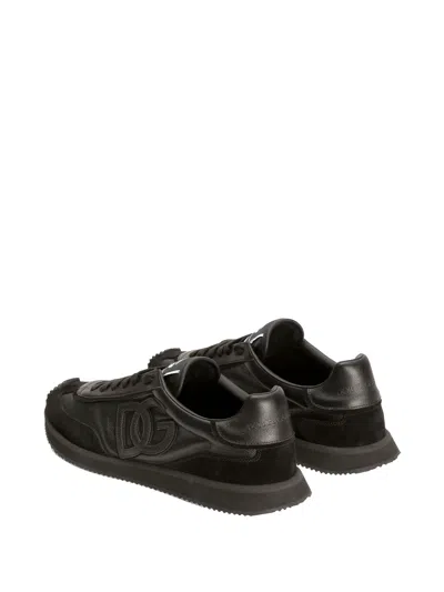 Dolce & Gabbana Round Toe Leather Sneakers With Suede Accents In Black