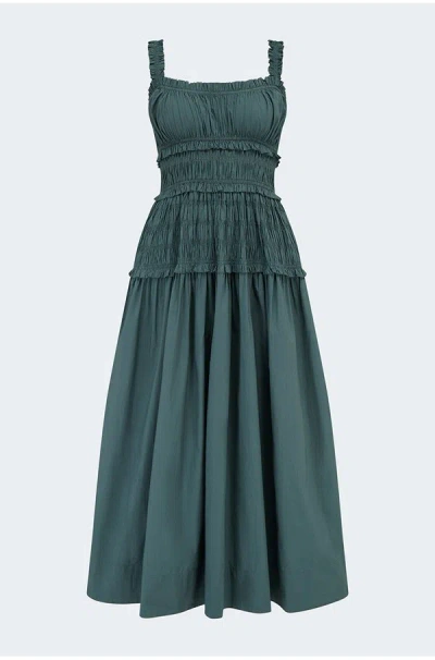 Doen Marianne Shirred Organic Cotton-poplin Midi Dress In Green