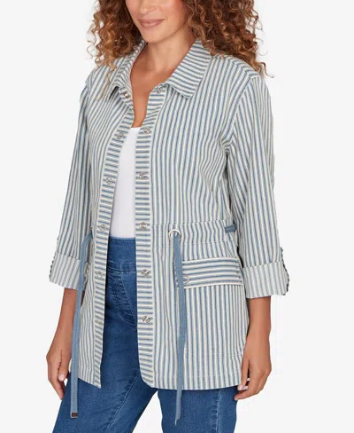 Ruby Rd. Petite Striped Anorak Snap Front Jacket In Blue