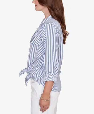 Ruby Rd. Petite Snap Front Tie Hem Pucker Stripe Top In Blue