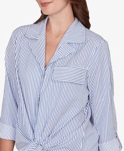 Ruby Rd. Petite Snap Front Tie Hem Pucker Stripe Top In Blue