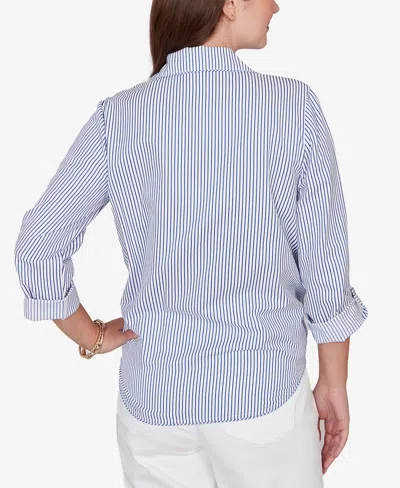 Ruby Rd. Petite Snap Front Tie Hem Pucker Stripe Top In Blue